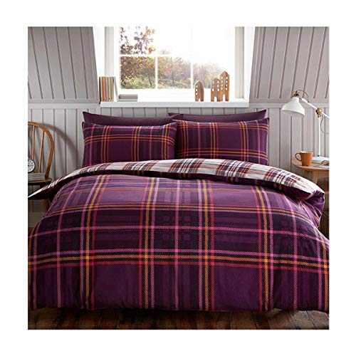Gaveno Cavailia Flannel Printed Set with Duvet Cover and Pillow Case, Tartan Check (Double-Purple), Cotton,
