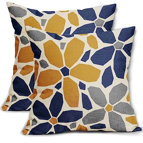 Aytipun Navy Blue Yellow Grey Gray Pillow Covers 18x18 Set of 2 Geometric Art Flower Print Decorative Outdoor Pillowcases Abstract Floral Farmhouse Throw Cushion Case Decor for Couch Sofa Bed