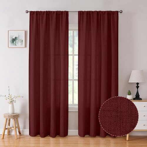 Tollpiz Linen Curtains Bedroom Rod Pocket Semi Sheer Curtain Burlap Light Filtering Thick Linen Drapes for Living Room, 54 x 84 inches Long, Burgundy Red, Set of 2 Panels