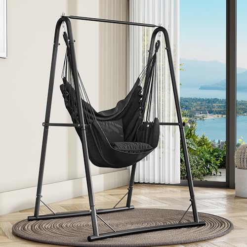 YITAHOME Hammock Chair Stand, Max. load 150 kg, Hammock Stand with Hanging Swing, 85x92x153 cm, Sturdy Steel Frame, Swing Chair with 2 Hooks and 2 Back Cushion for Patio, Balcony and Garden, Black