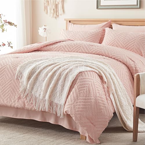 Zzlpp Full Size Comforter Sets 7 Piece, Pink Bed in a Bag Full Bedding Set - Boho Tufted, OEKO-TEX Certified, Luxury, Lightweight, All Season, Down Alternative Comforter, Breathable sheets & pillowcases
