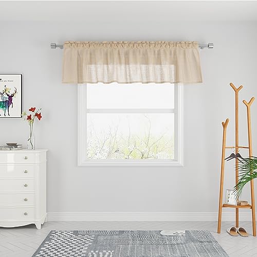 "Beige Sheer Valance 14 inches Long Curtain Valence Living Room Bedroom Kitchen over Sink Voile Transparent Curtain Topper Caravan Small Short Mini Door Window Treatment 1 Panel Rod Pocket 90""x14"""