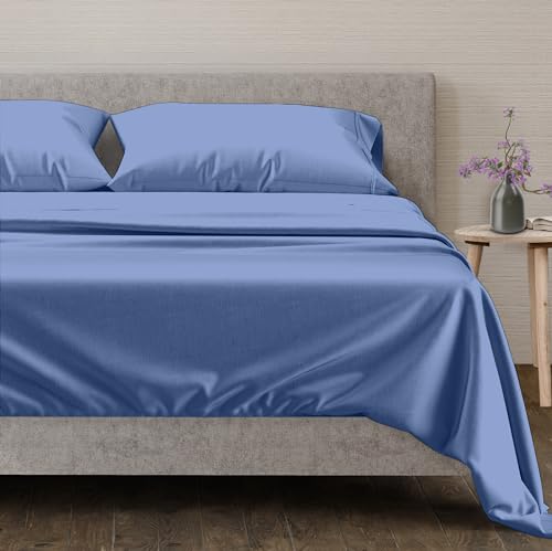 "Mayfair Linen Luxury Split King Sheets for Adjustable Beds, Soft Cooling 600 TC 100% Cotton Sheets - 5Pc Set with 2 Twin-XL Fitted Sheets - Fits Upto 17"" Deep Pocket Adjustable Mattress (Deep Blue)"