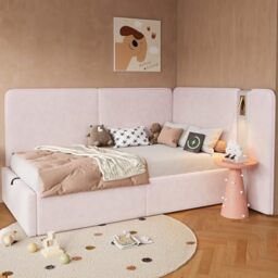 Ball & Cast 3FT Single Ottoman Bed Frame, Upholstered Daybed Sofabed, L-shaped Corner Bed with Hydraulic Storage, USB Charging Port & Reading Lamp, Velvet, Pink/90x190cm(No Mattress)