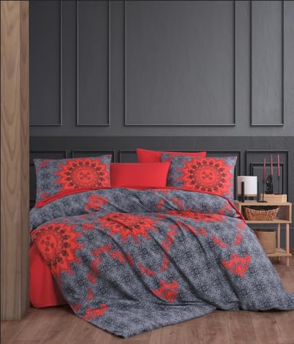 Nuit Des Rêves Ranforce Single XL Quilt Cover Set, 100% Cotton, 155 x 200 cm Duvet & 80 x 80 cm Pillow Case, Red & Anthracite, Soft, Durable, Stylish Bedding
