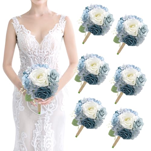 SEMONONIA Artificial Bridesmaid Bouquets Set of 6-7 Inch Silk Bouquets for Bridesmaids, Pre-Made Small Wedding Bouquet Fake Flowers for Bridal Shower, Table Centerpieces, PartyDecor - Dusty Blue