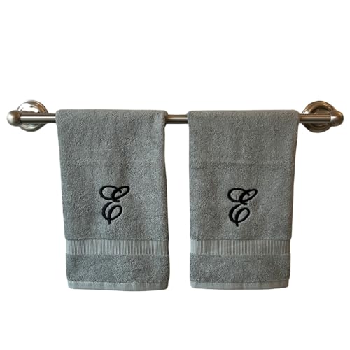 Gray Monogrammed Hand Towels for Bathroom - Luxury Hotel Quality Personalized Initial Embroidered Towel for Powder Room, Spa - GOTS Organic Certified - Set of 2 Black Letter E
