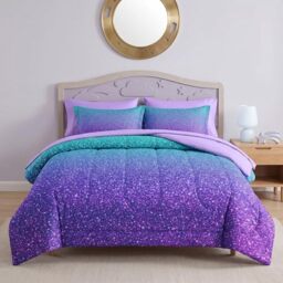 Pamnest Comforter Set Full Size, Colorful Girls Ombre Purple Glitter 7 Pcs Bedding for Kids and Adults, Neon Blue Teal Bed Sheet Sets with Fitted Sheet 2 Pillowcases & 2 Shams for Bedroom Bed Decor