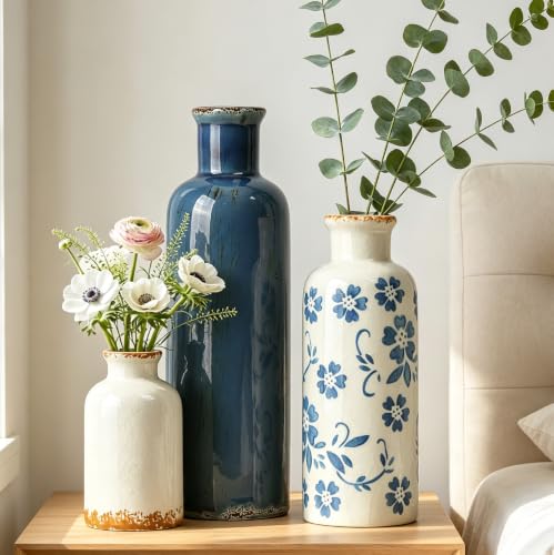 Ceramic Vases Set of 3, Blue and White Flower Decorative Vase for Farmhouse Shelves, Rustic Vase for Table Bookshelf, Living Room