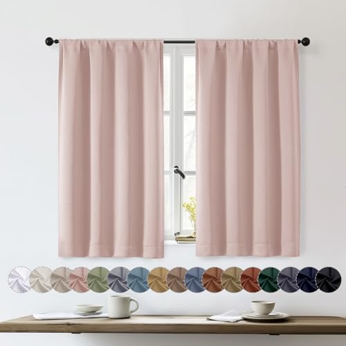 OWENIE Sally Blush Short Blackout Curtains for Bedroom Living Room 45 Inch Length 2 Panels Set, Solid Energy Saving Insulated Bathroom Window Treatment Curtains Blackout Drapes, 2 Pcs Each W40 x L45