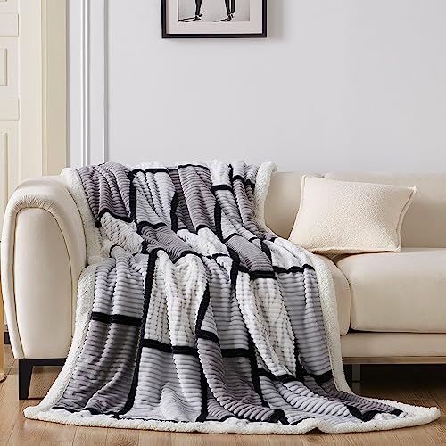 Gracelife Blanket for Women, Sherpa Throw Blanket for Couch, Flannel Cozy Soft Checkered Blanket for Bed - Fleece, Grey, 80x90 Inches