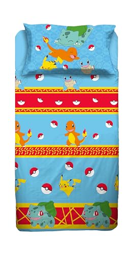 Pokemon Single Bed Sheet Set, Single Bedroom, Complete Bed, Top Sheet, Fitted Sheet, Pillowcase, 100% Cotton, Official Product