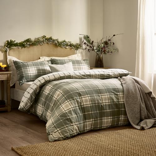 Wylder Braemar Check Duvet Cover Set – Reversible Soft Brushed Cotton Checkered Bedding (Green/Natural - Double)