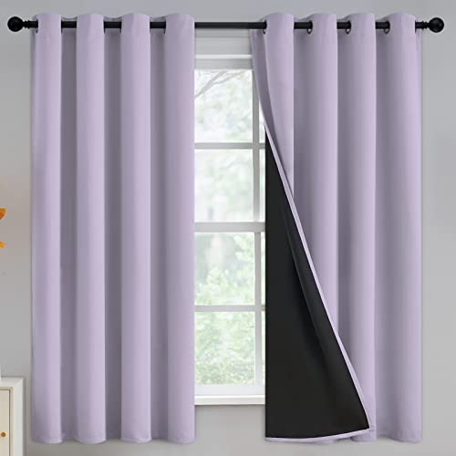 Yakamok 100% Blackout Curtains for Bedroom 63 Inch Length, Light Blocking Drapes with Black Backing, Thermal Insulated Solid Grommet Panels for Living Room, 52Wx63L, Lilac, 2 Panels