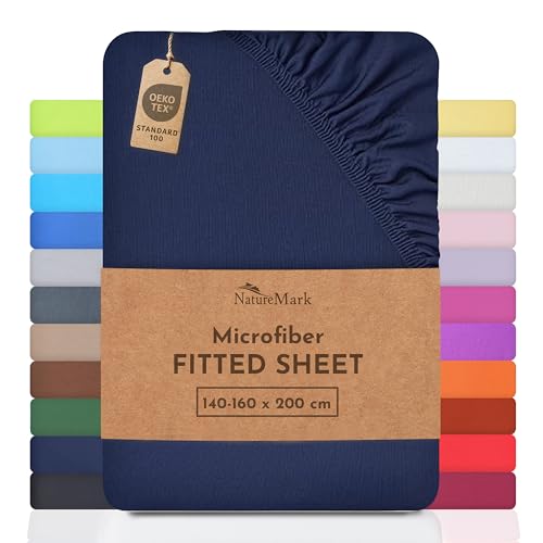 NatureMark Microfiber Fitted Sheet – Soft, Breathable & Comfortable – With Elastic Band – 140 x 200 cm – Navy Blue
