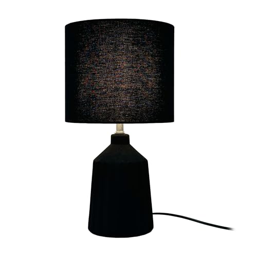 Relaxdays Table Lamp, Patterned Ceramic Base, Fabric Shade, E14, H x D: 42 x 23 cm, Bedside Lamp with Cable, Black