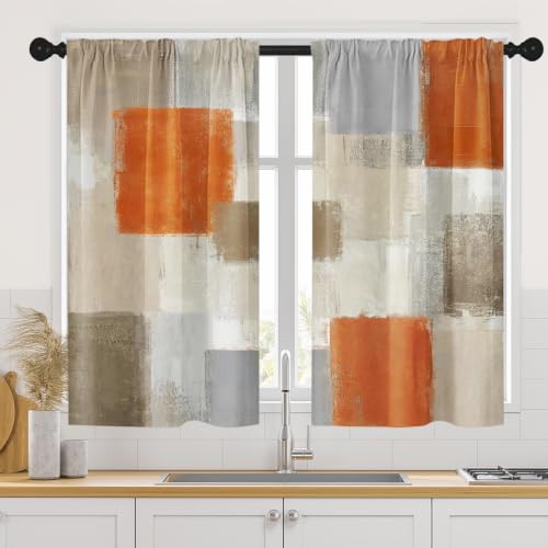 Tayney Beige Orange Painting Kitchen Curtains 45 Inch Length Grey Gray Window Short Tier Curtains Over Sink Set of 2, Contemporary Curtain, Abstract Kitchen Decor 42x45 Inch