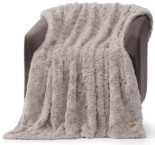 UGG 10484 Adalee Soft Faux Fur Reversible Accent Throw Blanket Fluffy Fuzzy Luxury Cozy Hotel Style Luxurious Soft Boho Home Decor Blankets for Bed and Living Room, 70 x 50-Inch, Oyster