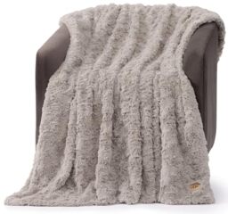 UGG 10484 Adalee Soft Faux Fur Reversible Accent Throw Blanket Fluffy Fuzzy Luxury Cozy Hotel Style Luxurious Soft Boho Home Decor Blankets for Bed and Living Room, 70 x 50-Inch, Oyster