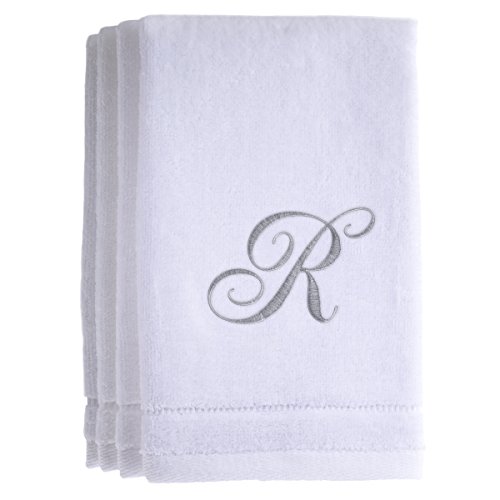 Monogrammed Towels Fingertip, Personalized Gift, 11 x 18 Inches - Set of 4- Silver Embroidered Towel - Extra Absorbent 100% Cotton- Soft Velour Finish - For Bathroom/Kitchen/Spa- Initial R (White)