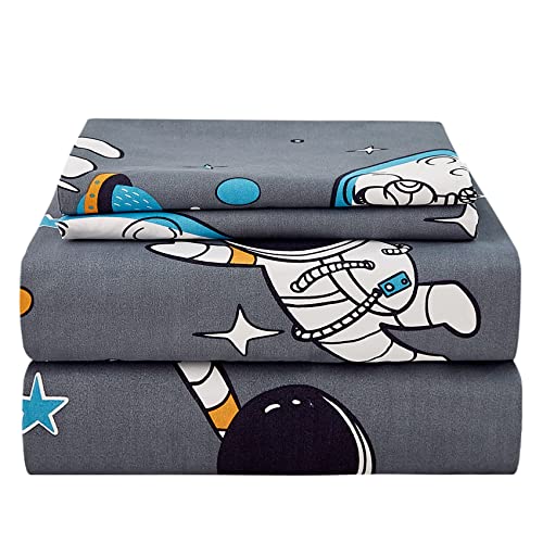 JSD Grey Astronaut Kids Full Sheet Set Space Theme 4 Piece - Soft Printed Microfiber Sheet and Pillowcase Set, OEKO-TEX Certified, 16 inch Deep Pocket, Easy Care