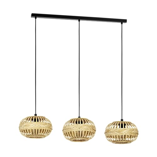 Eglo Pendant Lighting Amsfield 1, 3 lamp Ceiling Light Fitting, Boho Style Hanging lamp for Dining and Living Room, Black Metal and Natural Bamboo, E27 Socket, 38 in