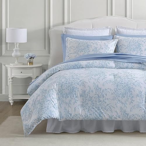 Laura Ashley Cotton Reversible Bedding Set with Matching Sham(s), Farmhouse Home Décor, Bedford Blue, Queen