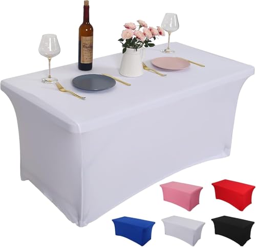 Rainberg 2 Pack Spandex Table Cover, White Tablecloth 6FT, Washable and Wrinkle Resistant Stretch Rectangular Patio Table Cover for Event, Wedding, Banquet & Parties. (183Lx76Wx76H) cm