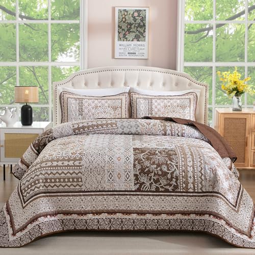 "WONGS BEDDING Brown Quilt Set Queen Size,Bobo Floral Bedspread Coverlet Set,3 Pieces Bohemian Patchwork Floral Pattern Bedspreads Bedding Quilt Set for All Seasons (96""x90"")"