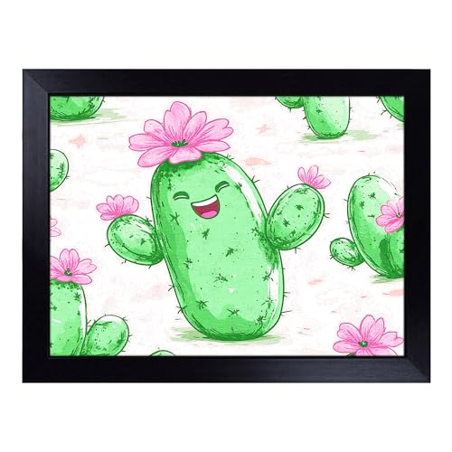Lap Tray with Bean Bag Cushion, Cactus Art - Handmade in the UK, Raised Wooden Edge, Padded Cushion, Heat-Resistant Wipe-Clean Surface, for Meals, Laptops and Crafts