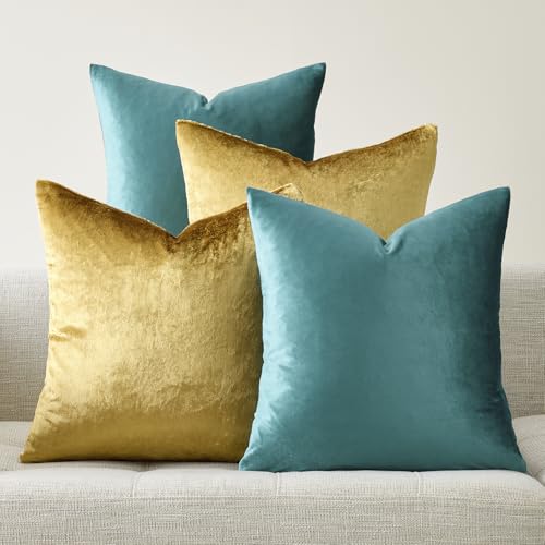 GIGIZAZA Velvet Throw Pillow Covers 16x16 Set of 4 Gold and Tile Modern Decorative Square Throw Pillow Covers for Living Room