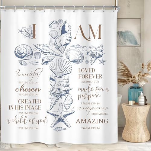 Riyidecor Ocean Bible Verse Shower Curtain Christian Starfish Minimalism Seashell Coral Scriptures Farmhouse Aesthetic 60Wx72H Inch Cross Fabric Decor Bathroom Polyester Waterproof 12 Pack Hooks