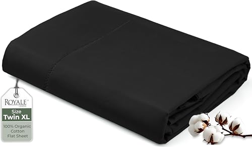 "Royale Linens 100% Organic Cotton Twin XL Flat Sheet Only - Super Soft - Percale Top Sheets - Twin XL Flat Sheet Sold Separately - Breathable, Cool & Crisp Black Sheets Only (66"" x 102"", Black)"