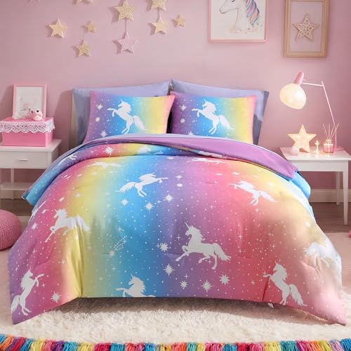 Kaleido Space Twin Comforter Set for Girls, Kids - 5 Pieces Rainbow Unicorn Patterns Twin Bedding Sets for Girls Boys Teen, Soft Cozy Bed in A Bag with Sheets