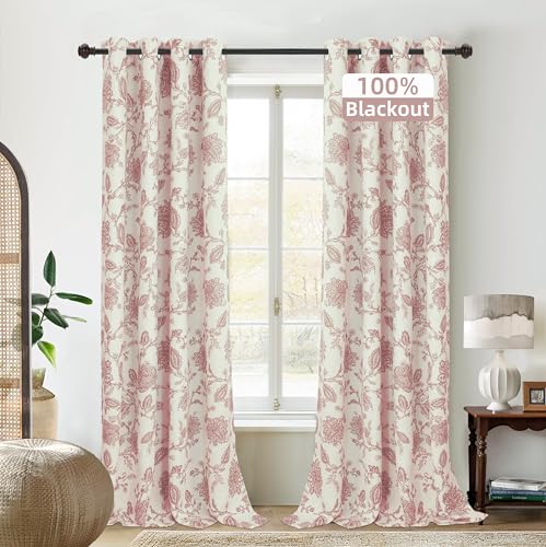 DriftAway Linen Floral Paisley Dusty Rose Blackout Curtains for Living Room Bedroom 90 Inch Length 2 Panels Lined Grommet Window Drapes Thermal Farmhouse Country Jacobean Curtains