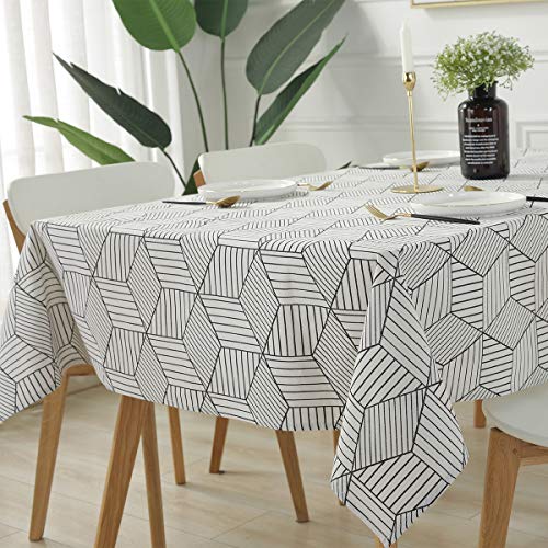 Rectangle Tablecloth Geometric Style- Cotton Linen Table Cloth Dust-Proof Table Cover for Kitchen Dinning Tabletop Decoration (Rectangle/Oblong, 130 x 180(4-6 Seats), White)