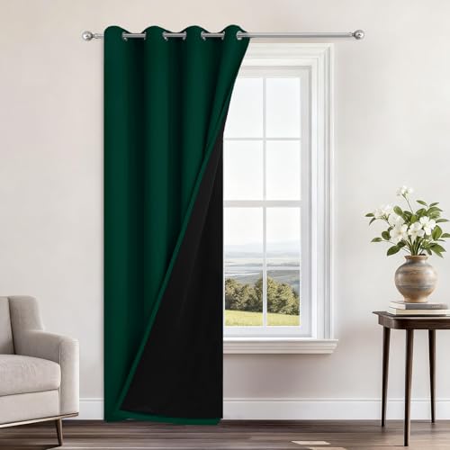 "Yakamok 100% Blackout Curtains 84 Inches Long, 2 Thick Layers Heat and Full Light Blocking Soft Thermal Insulated Drapes for Bedroom(52"" Wide Each Panel, Green, 1 Panel)"