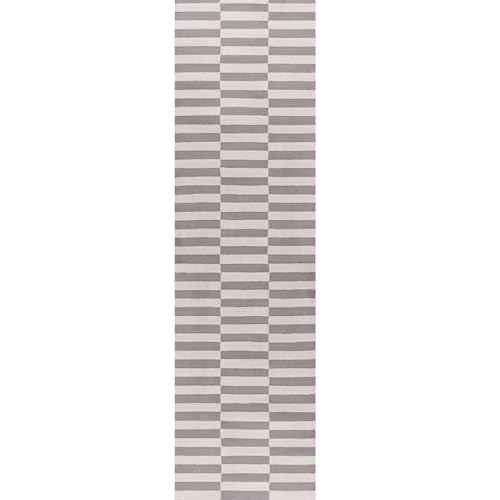THE RUGS Living Room Rug, Loft Collection – Modern Textured 14mm Soft Pile Area Carpet, Non-Shedding & Easy Care [ Block Stripe Grey, 80x300 cm]