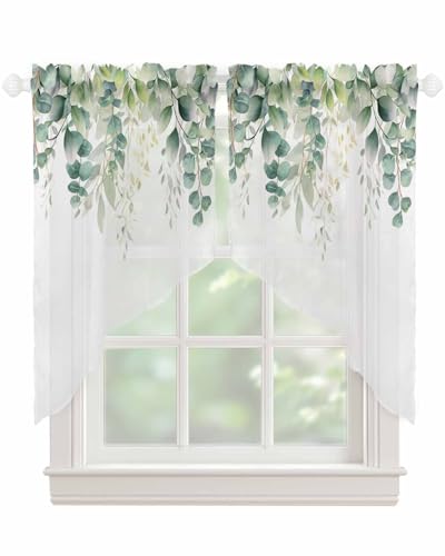 Sage Green Eucalyptus Leaf Swag Valances for Windows Summer Leaves Floral Watercolor Semi Sheer Valance Curtains Voile Swags Topper Curtain for Kitchen Living Room Bedroom, 2 Panels, 28x36 Inch