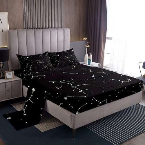 Galaxy Sheets Set Queen Size For Kids Girls Boys Outer Space Starry Sky Bedding Set Teens Constellation Twinkle Stars Bed Sheet Set Microfiber Super Soft Breathable Black White Milky Way Bed Cover