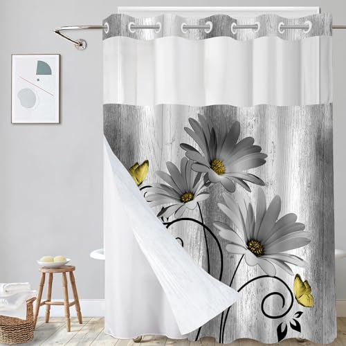 Muuyi Hookless Shower Curtain with Snap in Liner, Grey No Hook Shower Curtains for Bathroom???Shower Curtain and Liner Set for Bathroom Decor,Waterproof & Washable,72W x 87L Inch