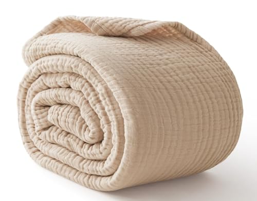 "Kozyhvn Cooling Throw Blanket Twin XL 66"" x 90"", 6 Layers Muslin Blankets 100% Cotton, Breathable and Lightweight Twin Blanket for Bed, Soft Bedspread, Gauze Bedding for All Season, Beige Linen"