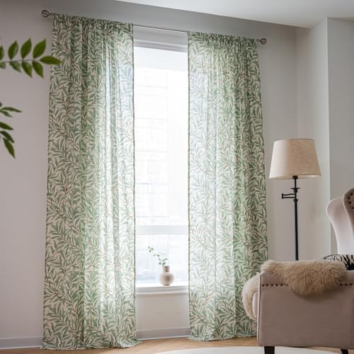 ENJOYBRIDAL Green Leaves Curtains 84 Inch Length 2 Panels Set Decor Living Room Drapes Rod Pocket Bedroom Farmhouse Cute Window Curtain Panels Semi Sheer Boho Dining Room Botanical Window Treatments