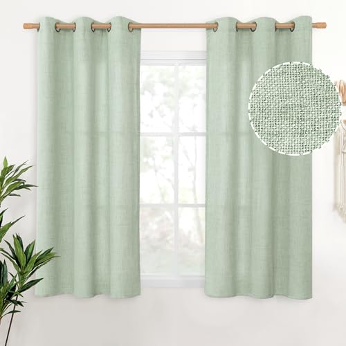 YoungsTex Sage Green Linen Curtains 45 Inches Length for Kitchen Window, Textured Semi Sheer Drapes with Bronze Grommet Light Filtering for Bathroom Cafe Bedroom, 42 x 45 Inch, 2 Panels