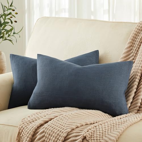 ZeeMart Rustic Linen Lumbar Pillow Covers Set of 2, Navy 12x20in - Textured Pillow Case, Rustic Cotton Linen Fabric, Modern Farmhouse Cushion Covers for Sofa Bed Living Room Home Decor