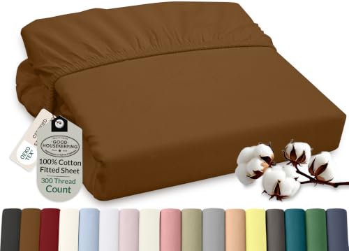 ROYALE LINENS 300 Thread Count 100% Long Staple Combed Cotton Fitted Sheet Twin XL - Super Soft Deep Pocket Bottom Sheet - Fitted Sheets Only - Elastic Sheets (Twin XL, Chocolate)