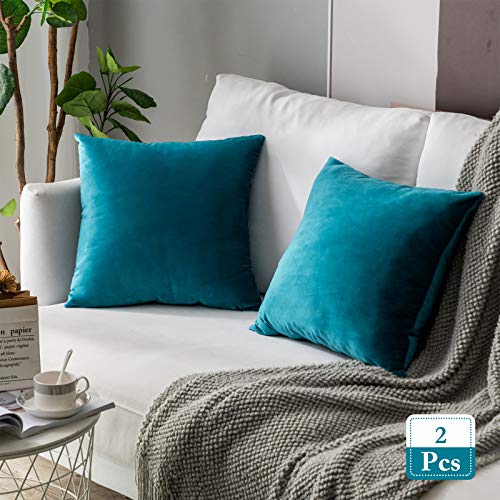Stellhome Pack of 2 Cozy Velvet Pillow Covers Square Decorative Cushion Covers for Bed Couch Sofa Bench, 22 x 22 inch (55 x 55 cm), Blue Green