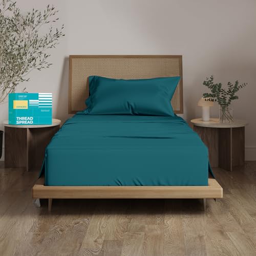 THREAD SPREAD 100% Egyptian Cotton Single Bed Sheets Twin XL Size - 800 Thread Count 3 PC Twin XL Sheet Sets Cotton, Silky Soft College Dorm Sheets, 16'' Deep Pocket Luxury Cooling Bed Sheets - Teal