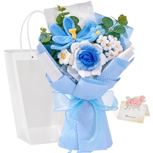 Alecono Blue Crochet Flower Bouquet Handmade Knitted Floral Arrangement - Forever Artificial Flowers with Gift Card for Christmas, Valentine's Day, Mother's Day, Graduation, Birthday Gifts