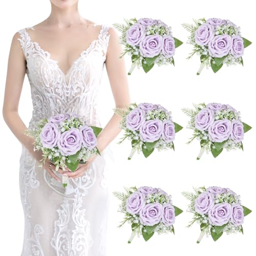 Artificial Bridesmaid Bouquets Set of 6-7 Inch Pre-made Bridesmaid Bouquets Lilac Silk Rose Bouquet Handmade for Wedding Holding Flowers, Bridal Shower Wedding Centerpiece Ceremony and Anniversary